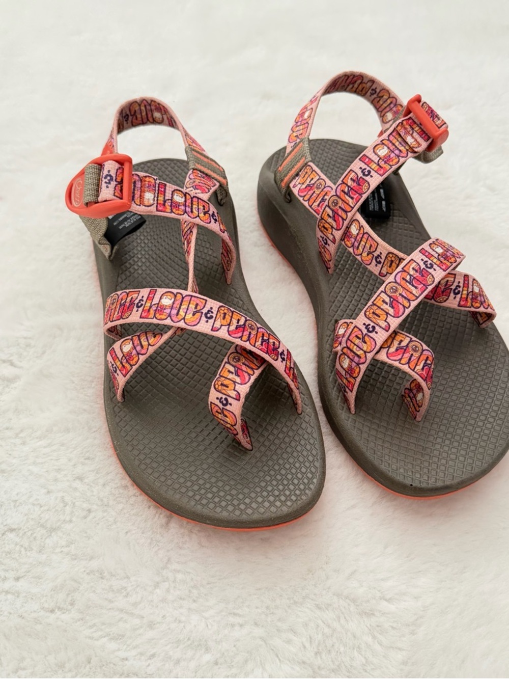 Chaco Women's Strappy Sandals in Gray with Pink/Orange Patterned Straps - Picture 3 of 9